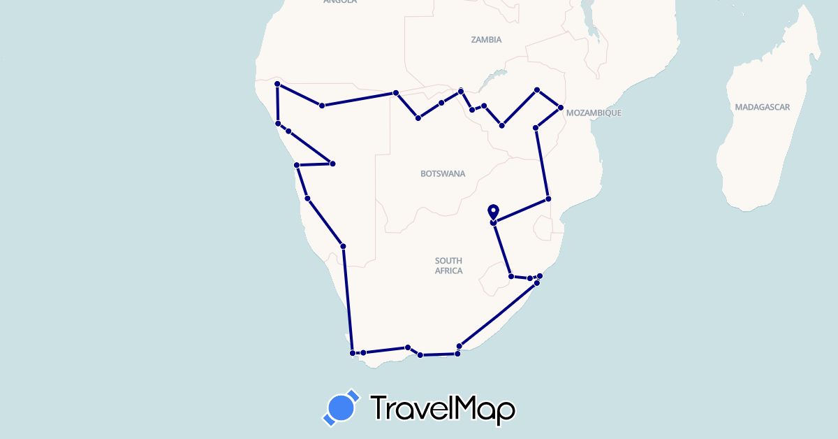 TravelMap itinerary: driving in Botswana, Lesotho, Namibia, South Africa, Zambia, Zimbabwe (Africa)